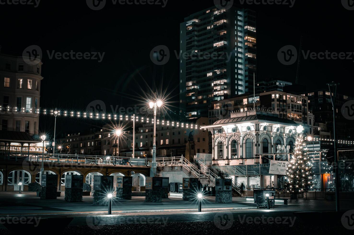 Night view of Brighton with random lights and reflections, East Sussex, England photo