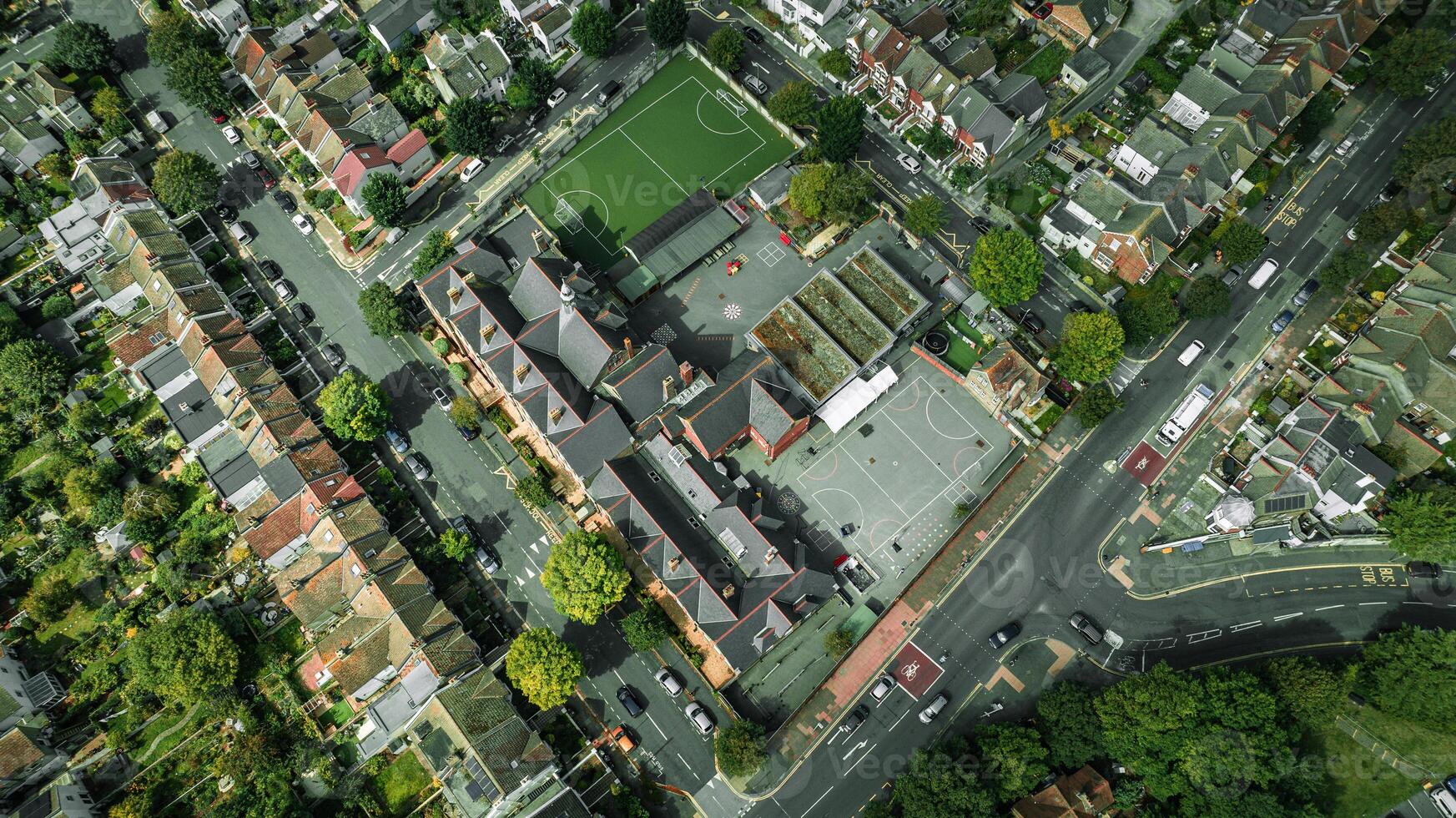 Aerial view from a drone flying above green Brighton streets in summer, East Sussex, UK photo