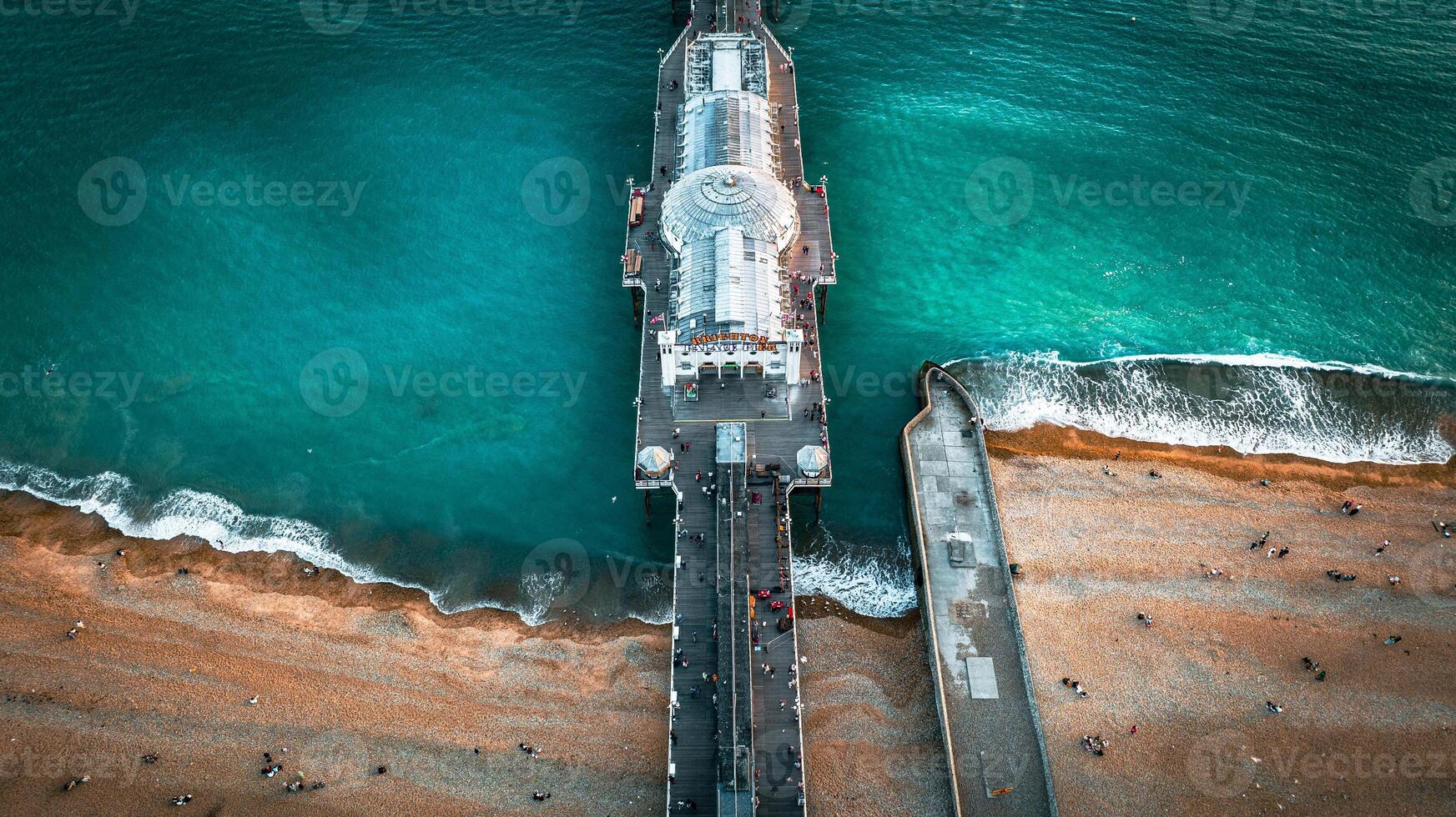 Aerial view of Brighton Pier watching sunset, Brighton, East Sussex, UK photo