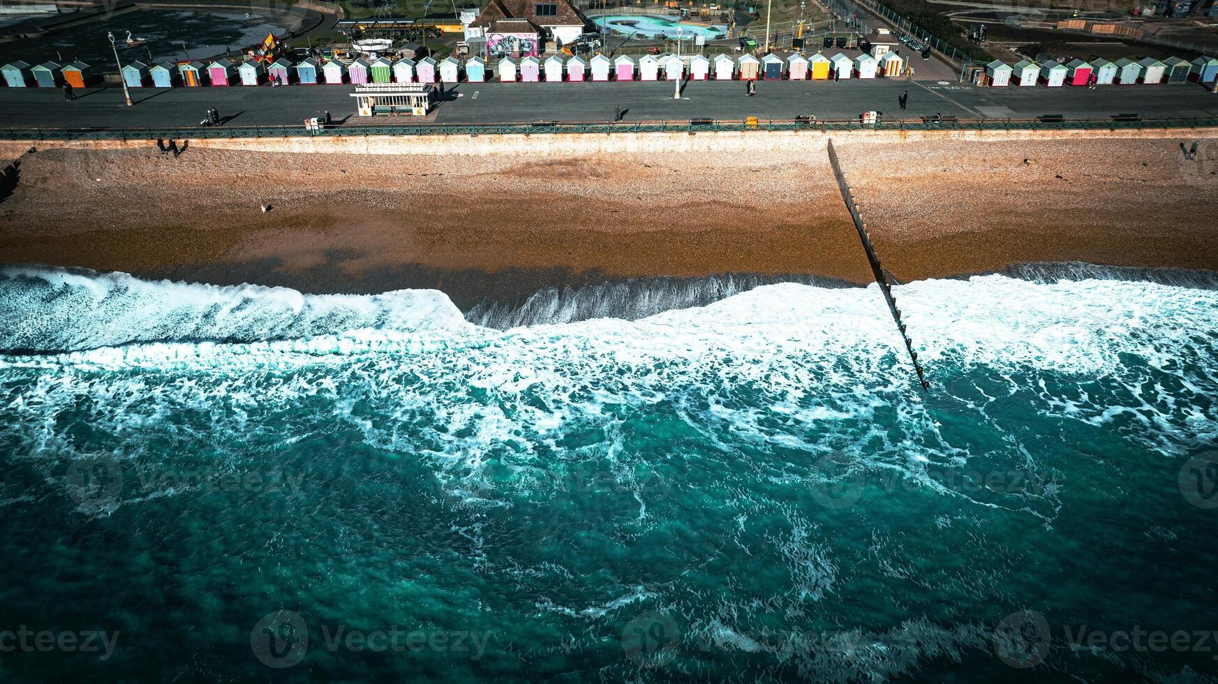 Aerial view of a Brighton and Hove beach on a windy day, East Sussex, UK photo