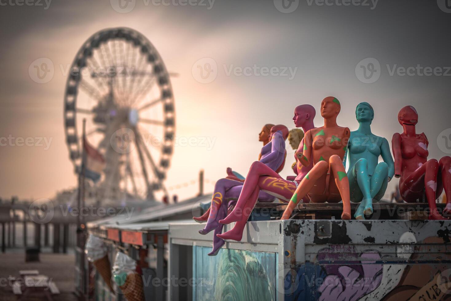 The pier and a view wheel on the beach in Hague, den Haag, Netherlands. photo