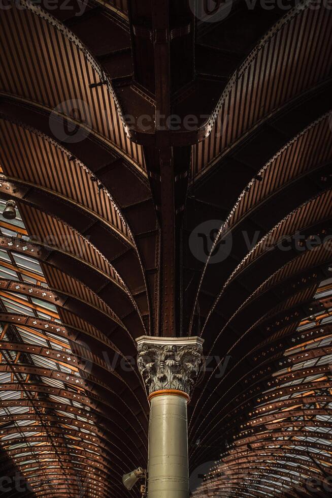 Columns in York train station with symmetrical patterns, York, Yorkshire, UK photo