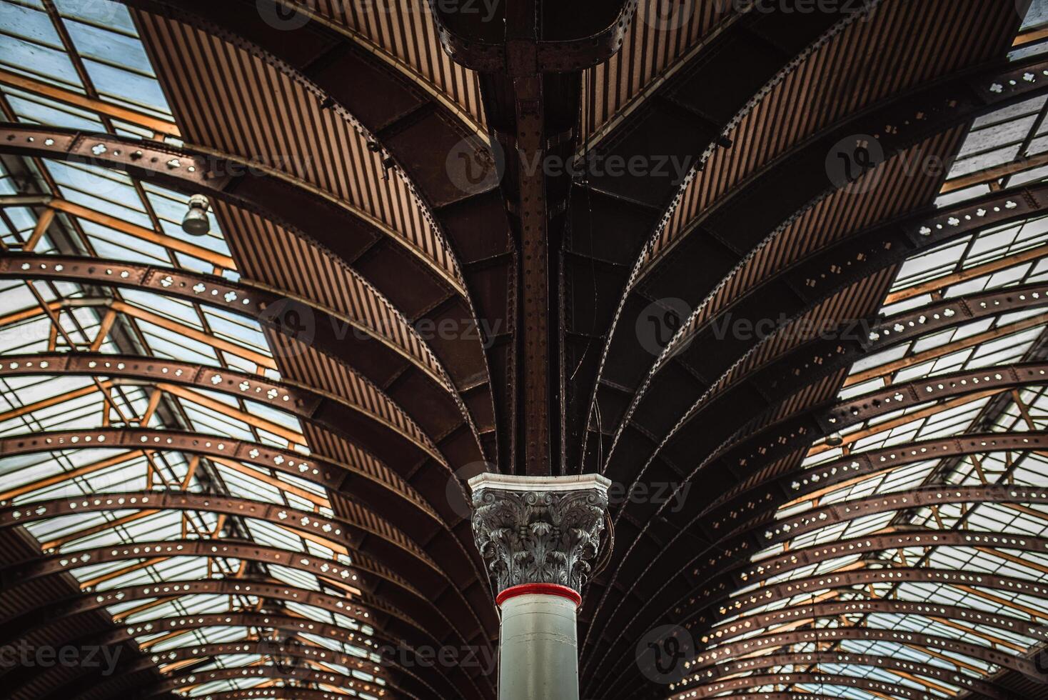 Columns in York train station with symmetrical patterns, York, Yorkshire, UK photo