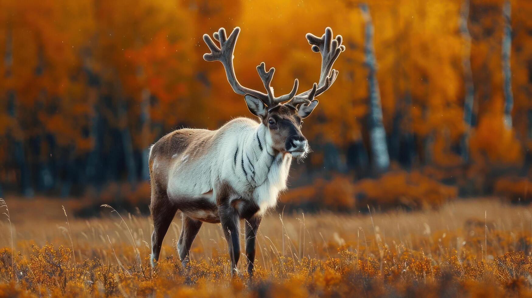 a deer standing in a field with trees in the background photo