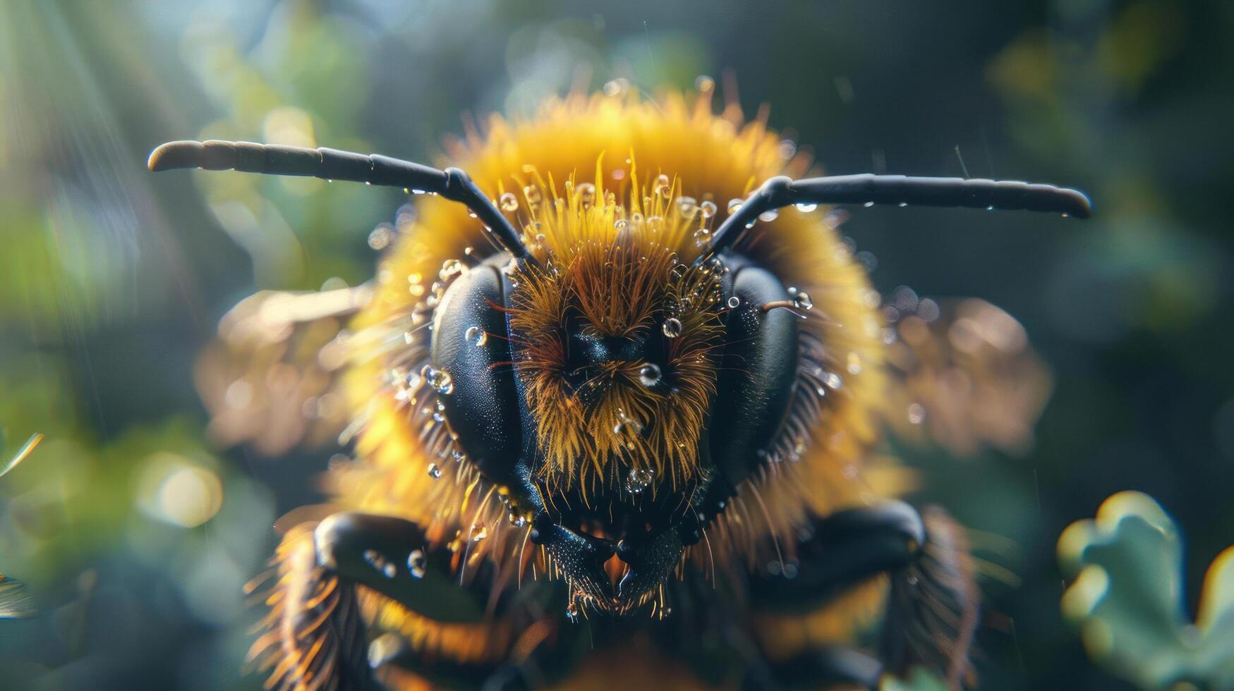 a close up of a bee with drops of water on its face photo