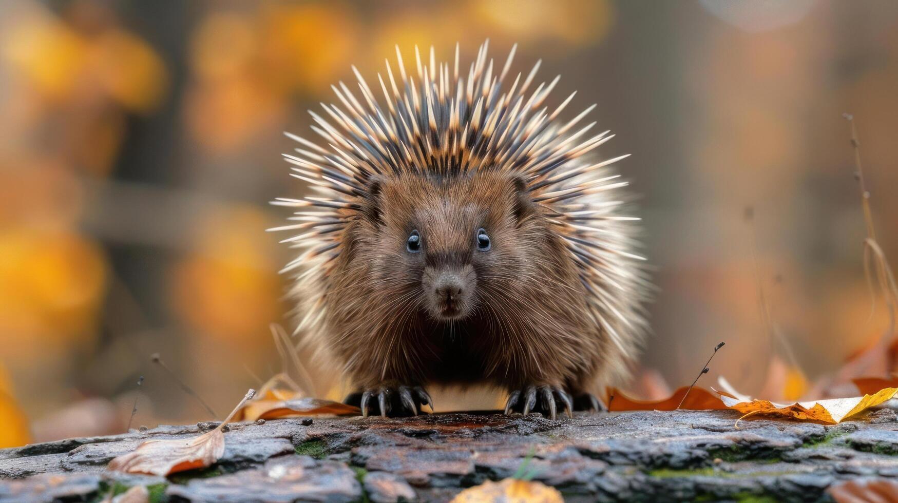 a porcupine standing on top of a pile of leaves photo