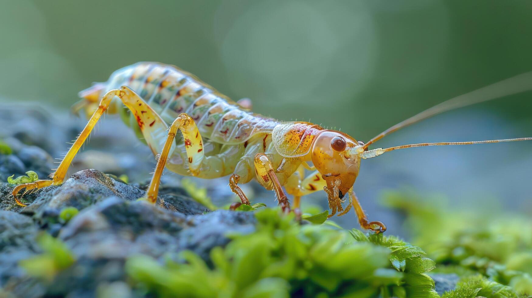 a close up of a grasshopper on a rock photo