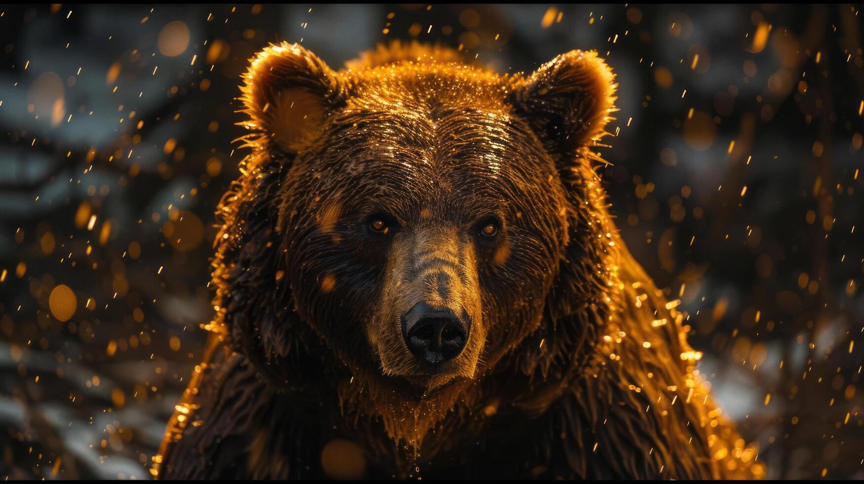 a close up of a brown bear in the rain photo