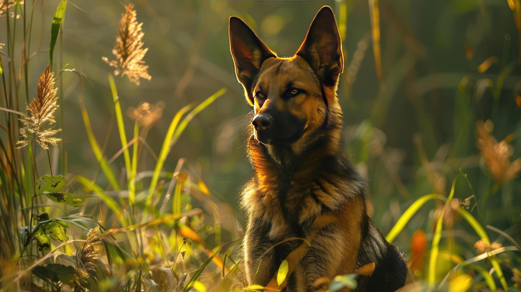 a dog sitting in a field of tall grass photo