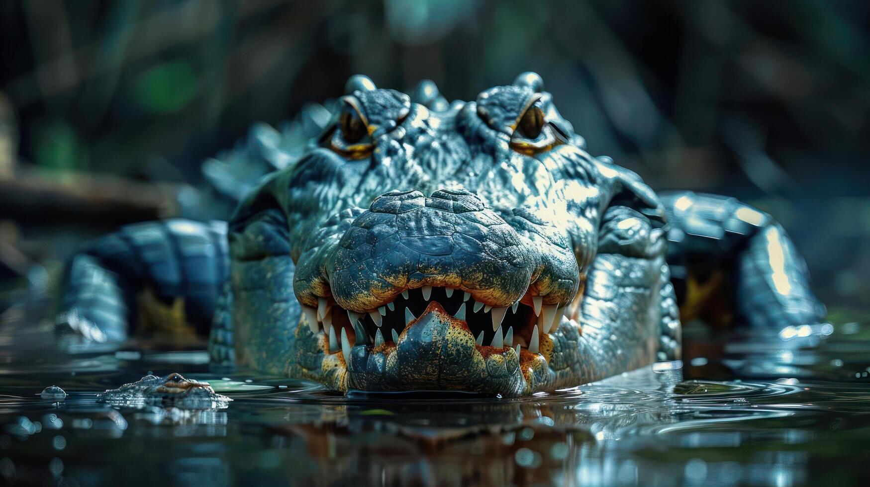 a close up of a crocodile's head in the water photo