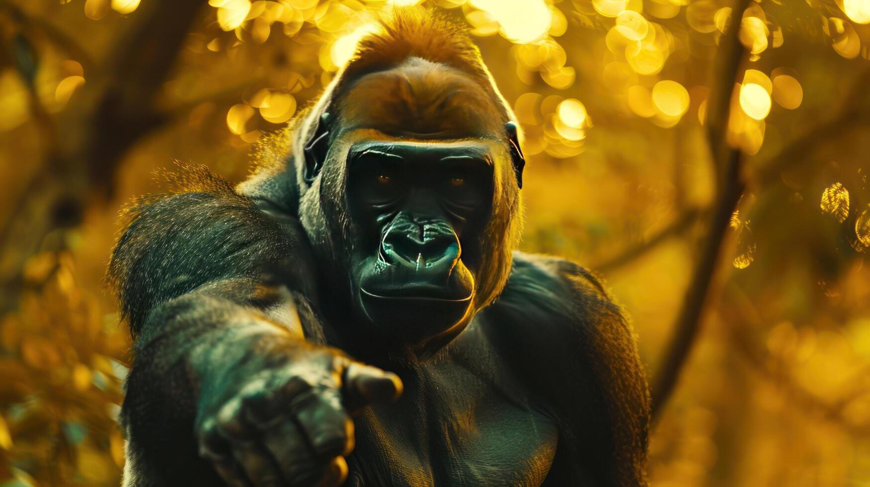 a close up of a gorilla pointing at something photo