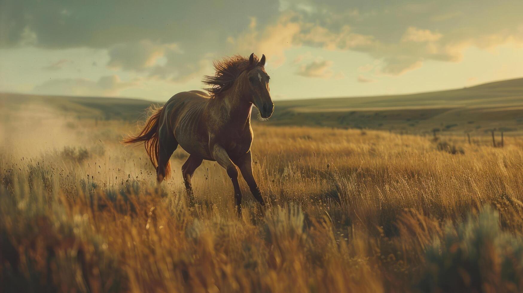 a horse running through a field of tall grass photo