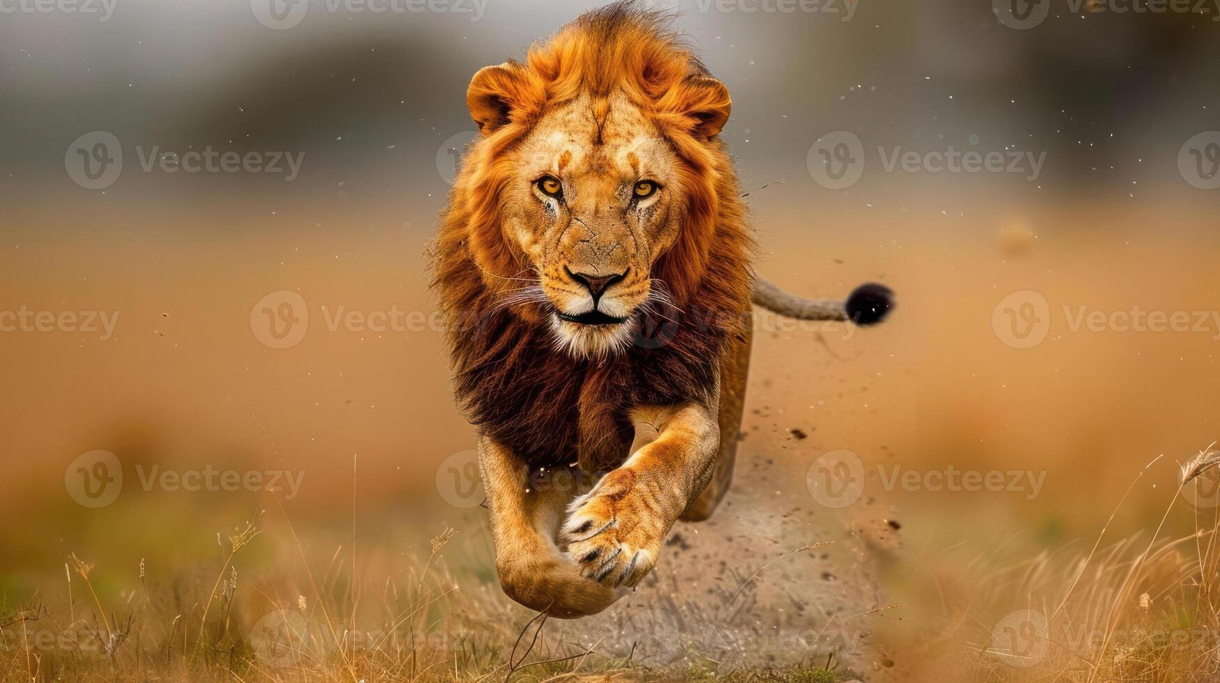 a picture of a lion running through a field photo