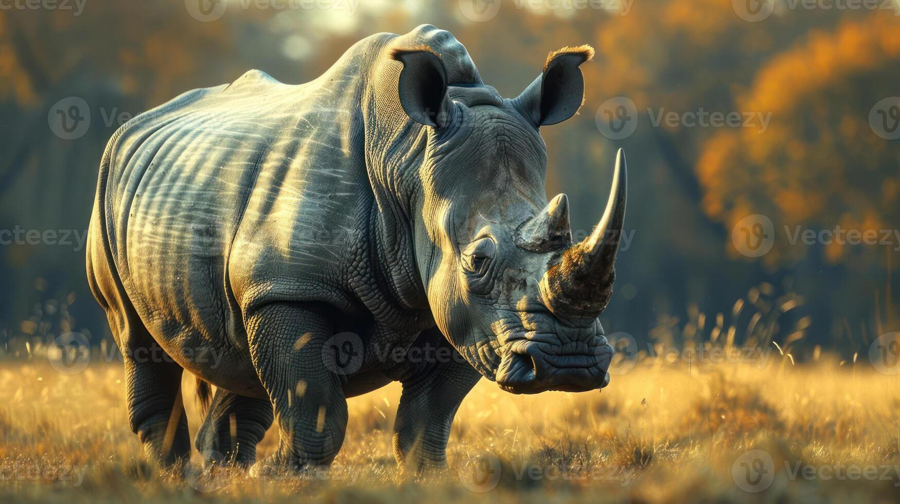 a rhino standing in a field with trees in the background photo