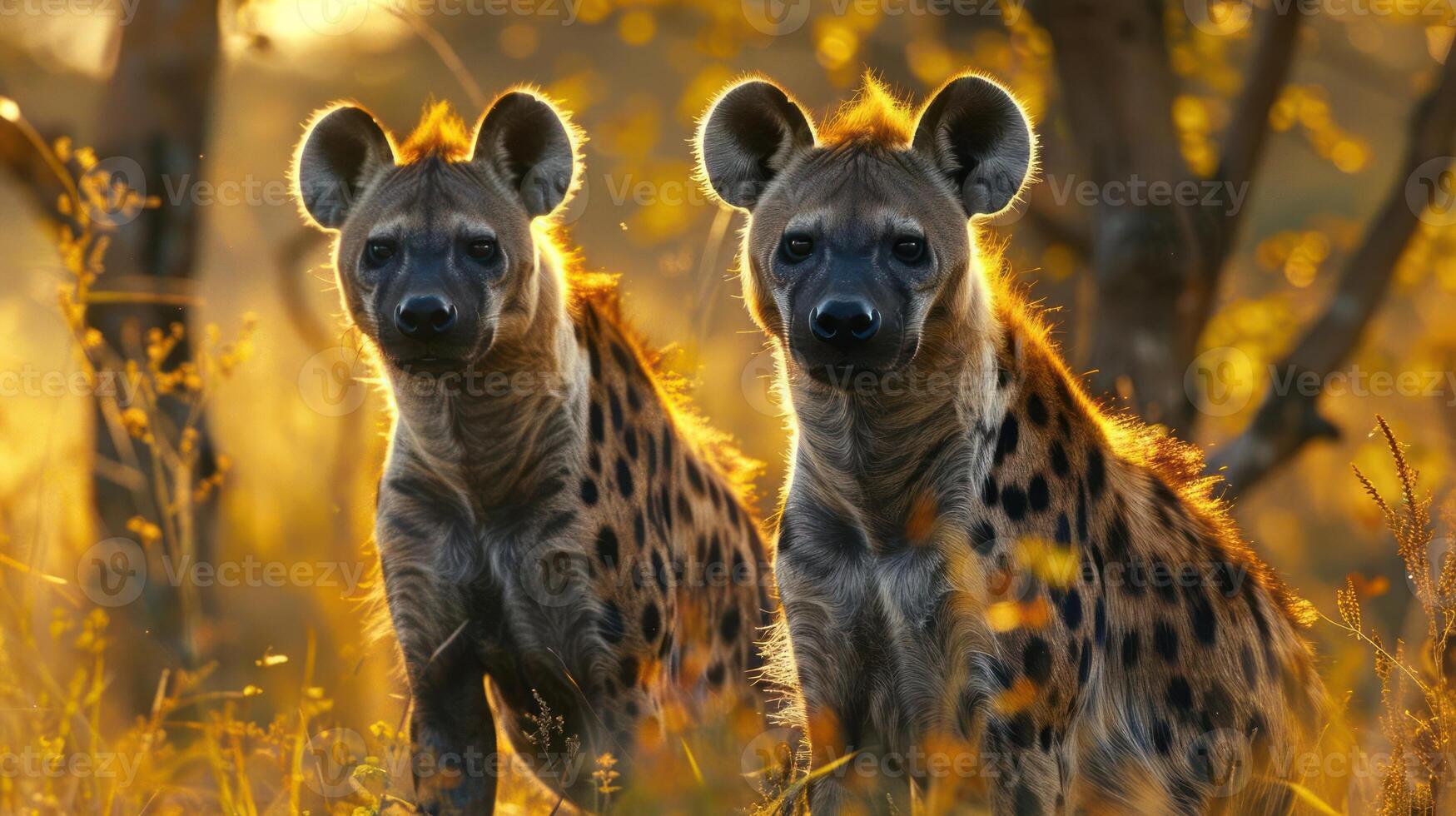 two hyenas standing next to each other in a field photo