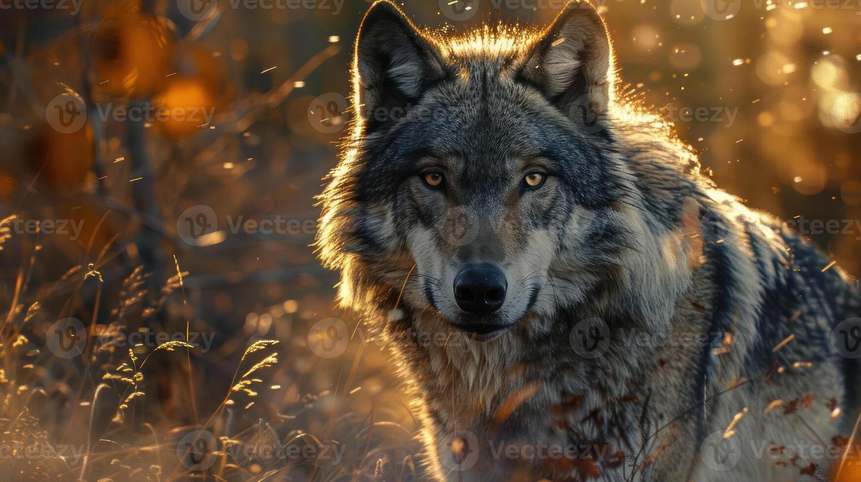 a wolf standing in a field of tall grass photo