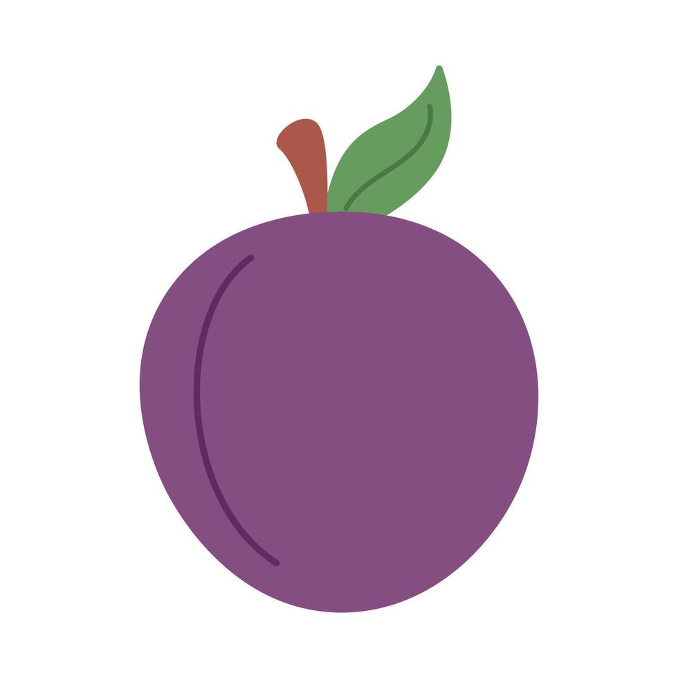 Ripe plum with green leaves. Healthy eating for diet. Doodle hand drawn style vector