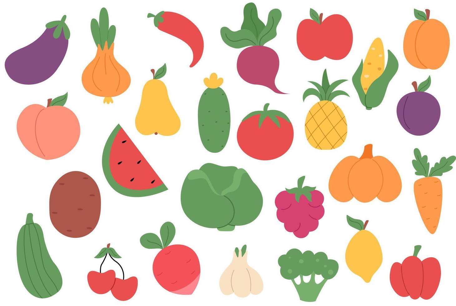 Hand drawn vegetables and fruits set. A variety of healthy food in doodle style vector