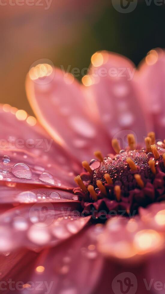 Pink Flower with Dew Drops in Soft Sunlight Closeup Macro Photography photo
