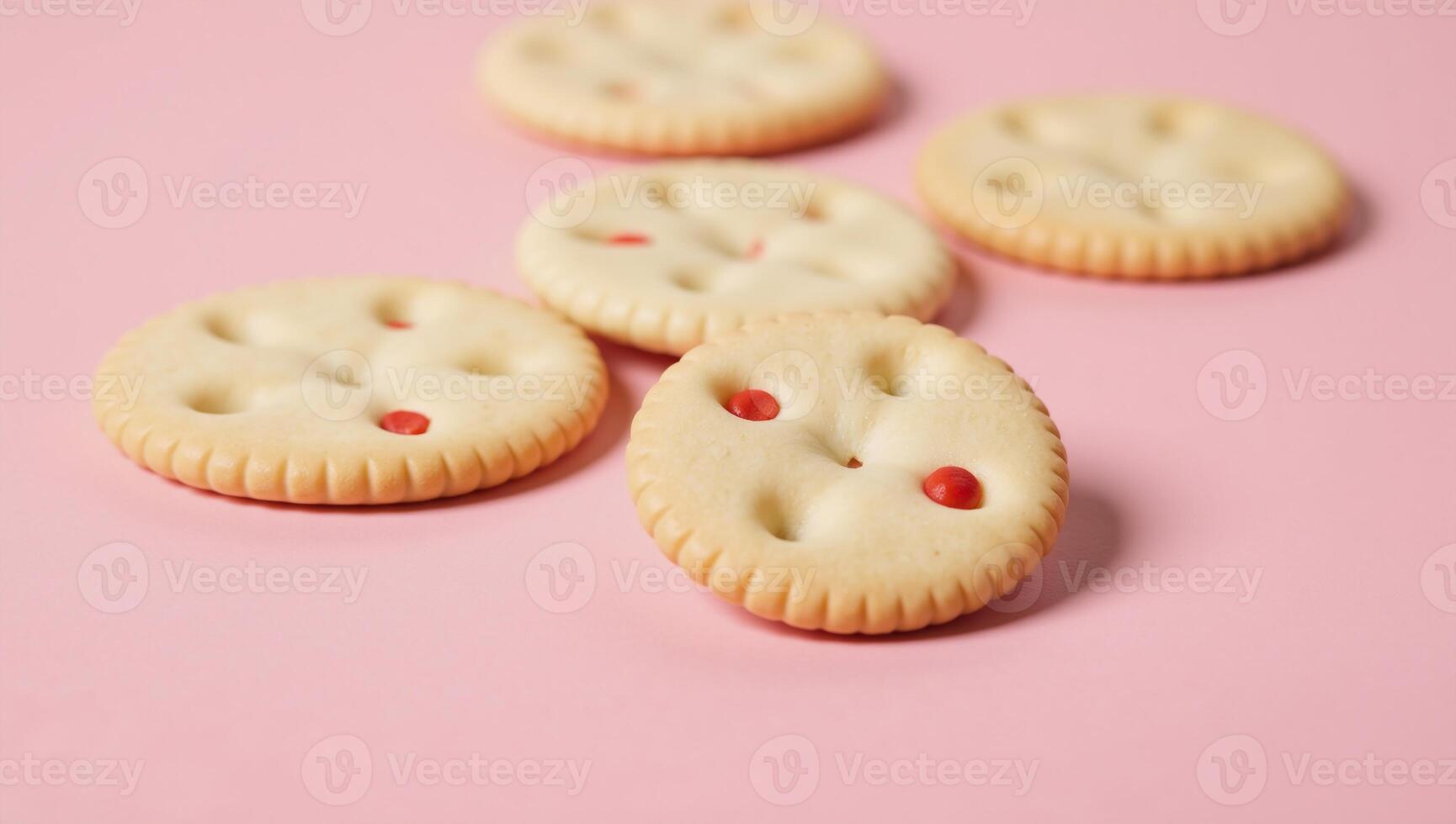 Redmarked circular crackers against a pink backdrop isolated photo
