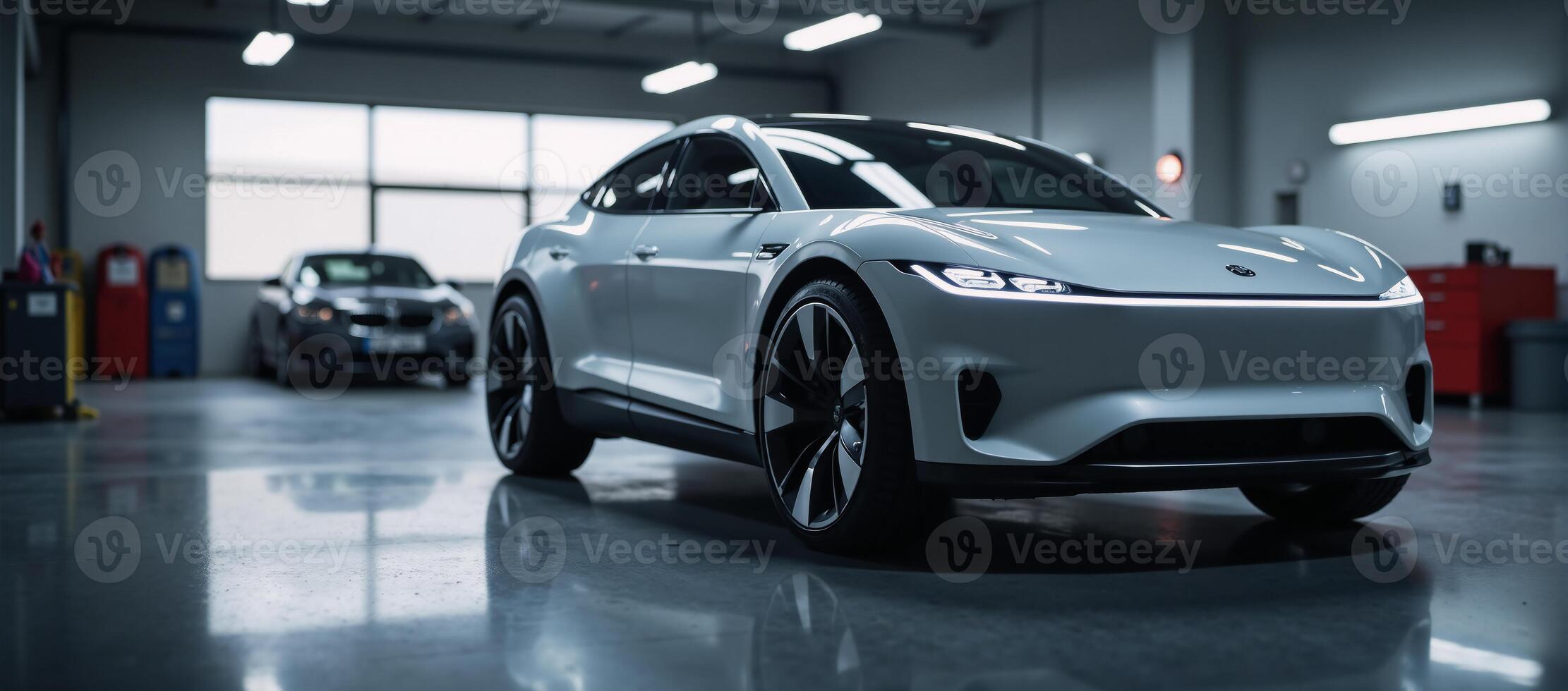 A futuristic EV electric vehicle tech scene showcases a sleek hightech virtual touch interface over an auto repair garage photo