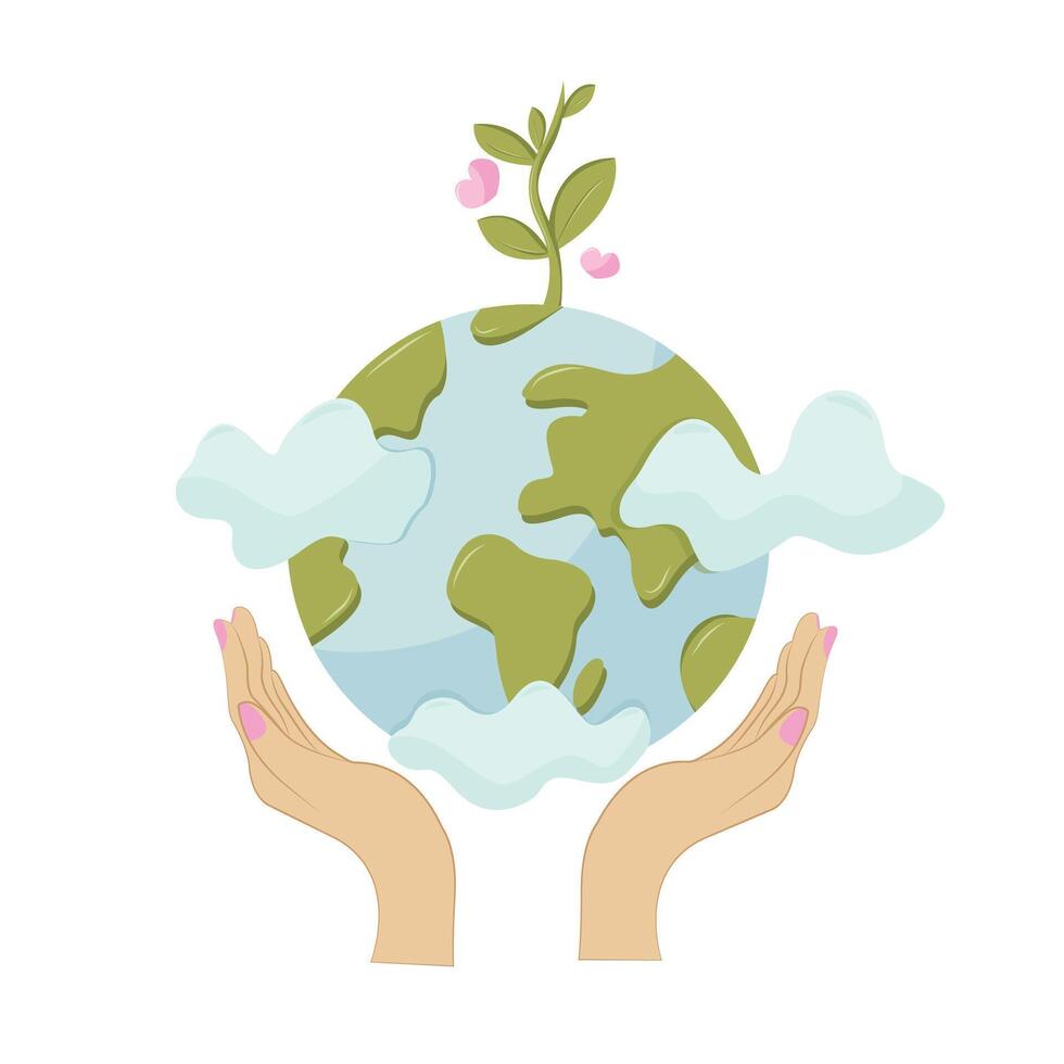 Hands holding globe, earth. Earth day concept. . Saving the planet,environment. Isolated illustration for card, postcard, cover. EPS 10 vector