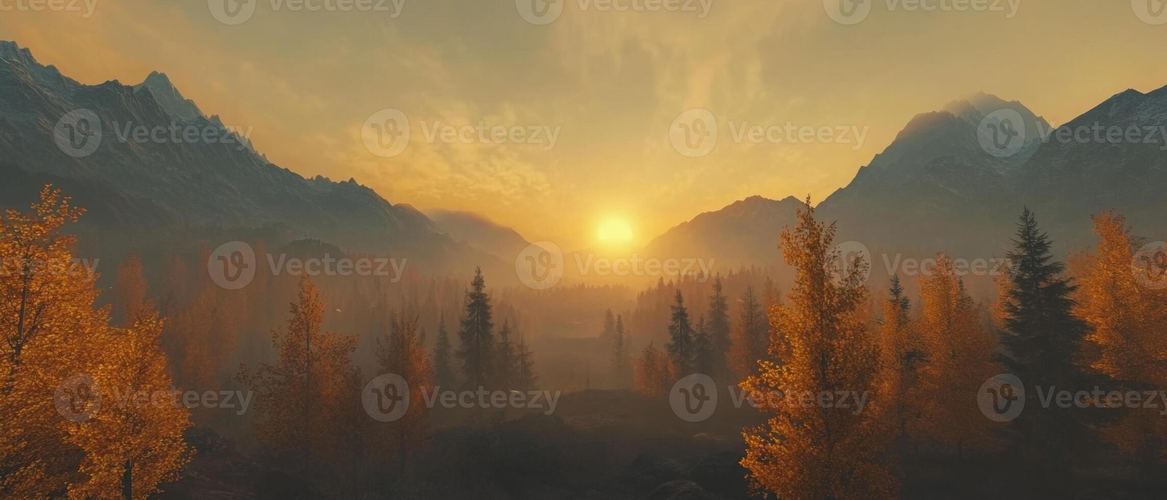 A misty mountain range during autumn with golden leaves, the sun rising behind the peaks photo