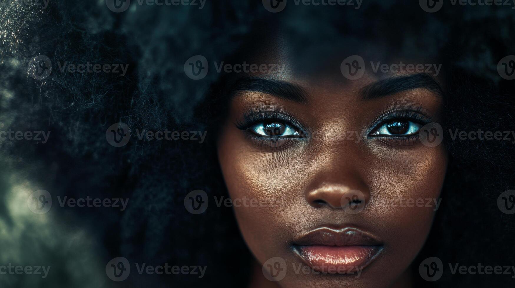 A portrait of a Black woman with an afro, looking directly into the camera, exuding self-assurance and pride photo