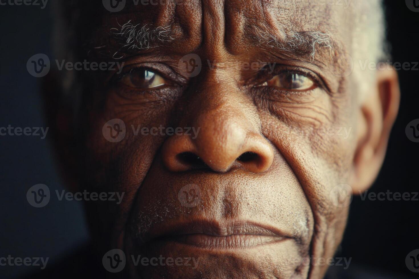 A wise older African man with deep wrinkles, radiating wisdom and strength, soft focus on his face photo