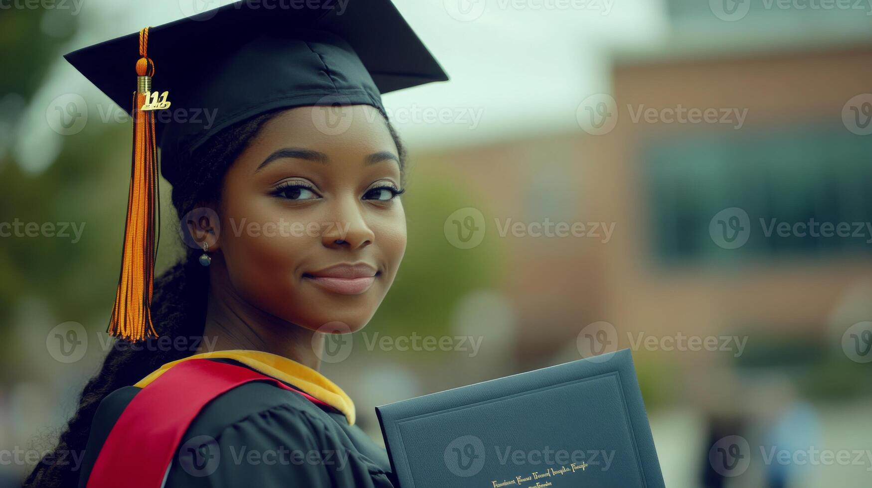 A young Black student in graduation attire, proudly holding her diploma, looking confidently toward her future, blurred university in the background photo