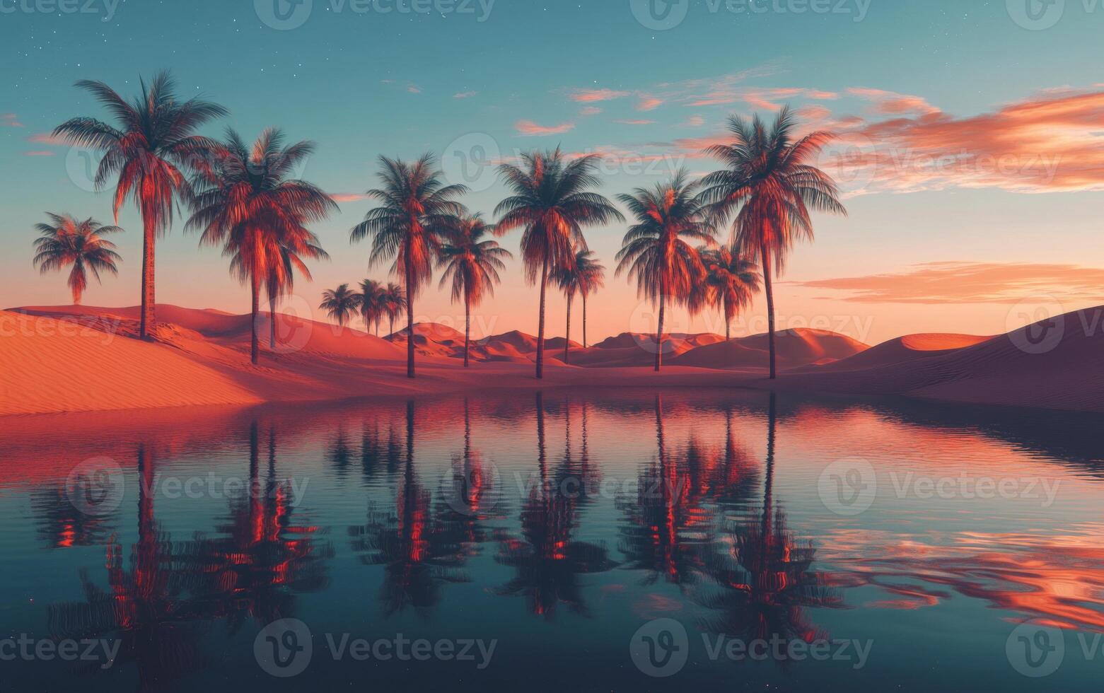 An oasis surrounded by sand dunes, palm trees reflecting on water, twilight photo