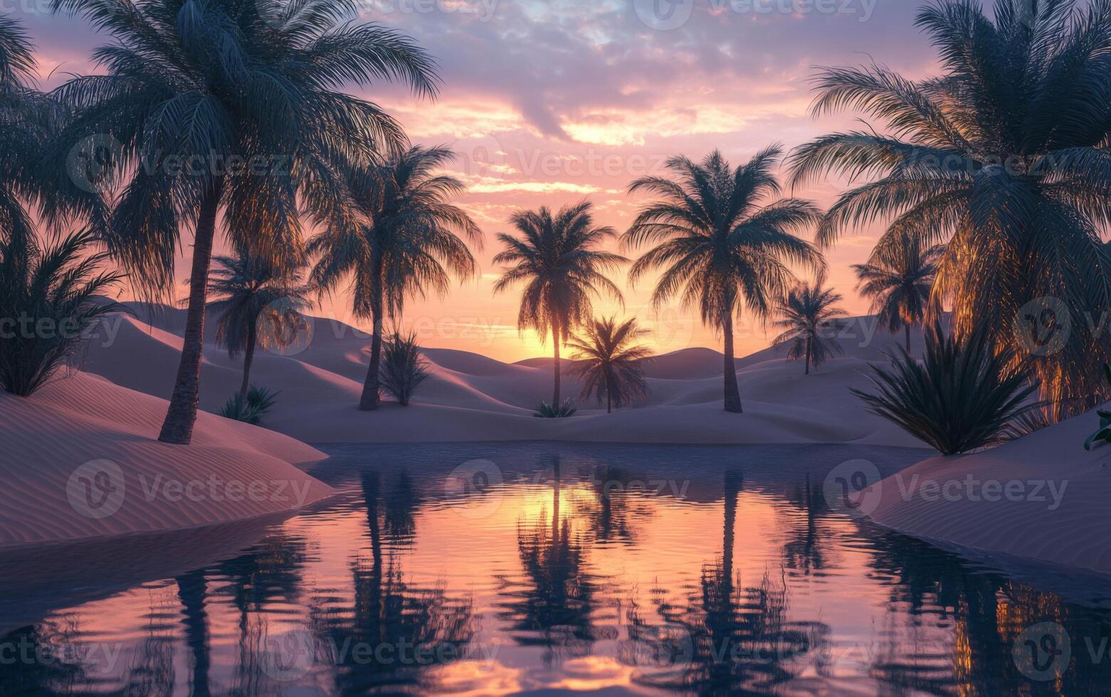 An oasis surrounded by sand dunes, palm trees reflecting on water, twilight photo