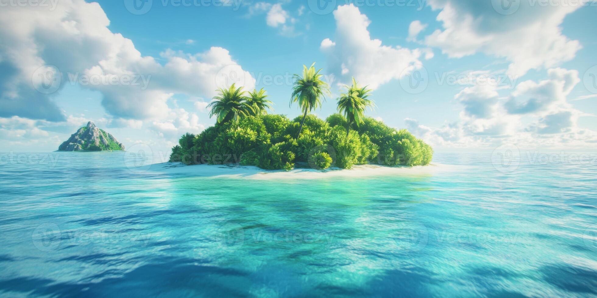 A small island with lush greenery, surrounded by crystal clear waters, sunny day photo