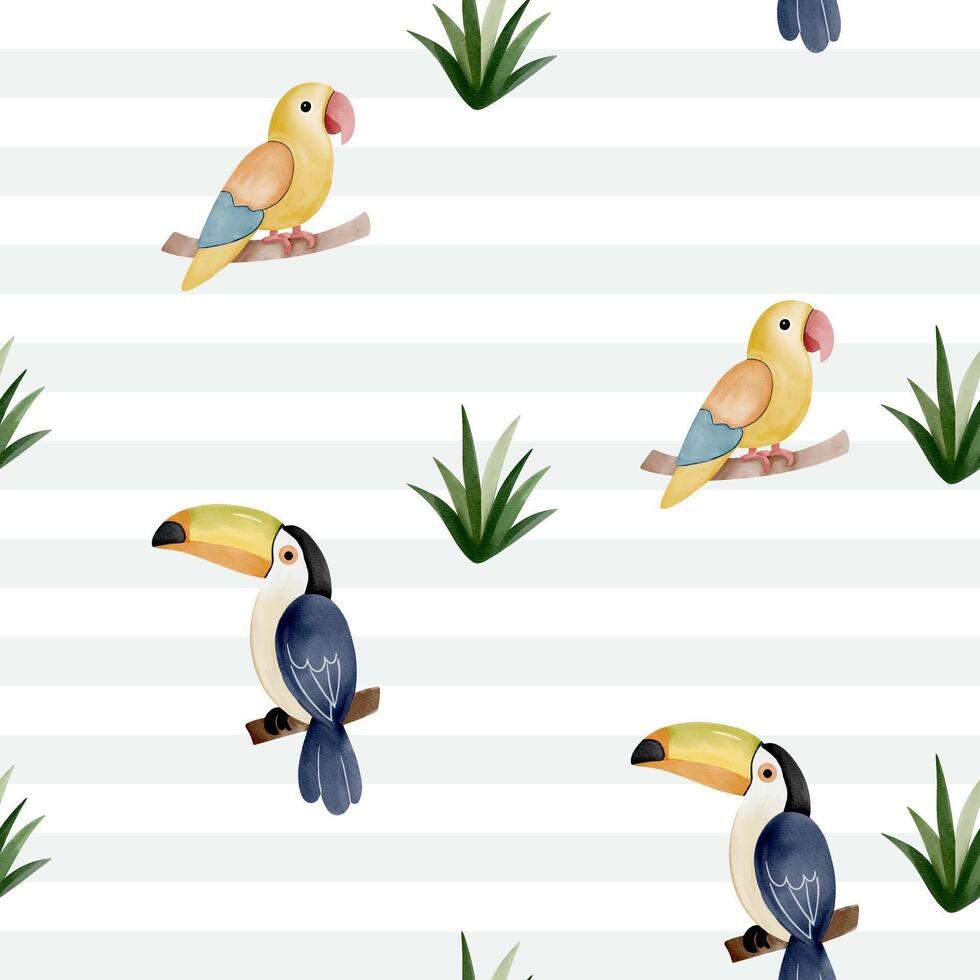 Tropical birds background. Watercolor toucan wallpaper. Cute seamless pattern with watercolor parrot. vector