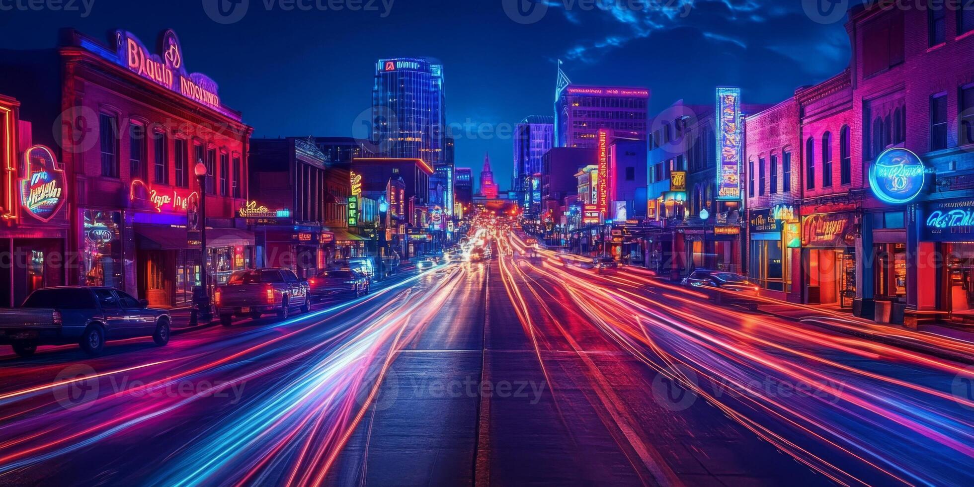 A bustling downtown street illuminated by neon lights, cars streaking by photo