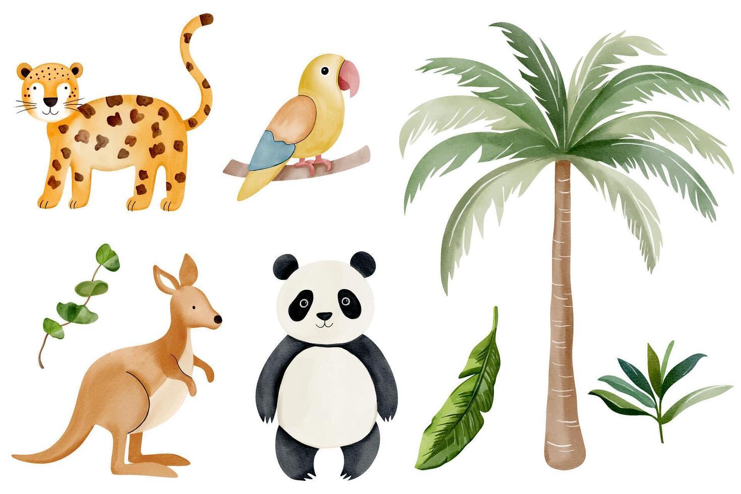 Watercolor jungle animals and palm tree. Wild panda, parrot, kangaroo, leopard. Hand drawn safari set. vector