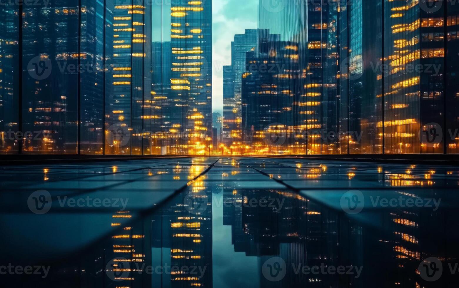 A modern urban skyline with reflective glass buildings, glowing in the dark photo