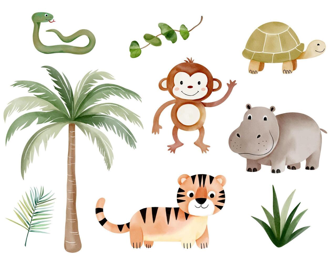Watercolor jungle animals and palm tree. Wild tiger, hippopotamus, monkey, turtle, snake. Hand drawn safari vector