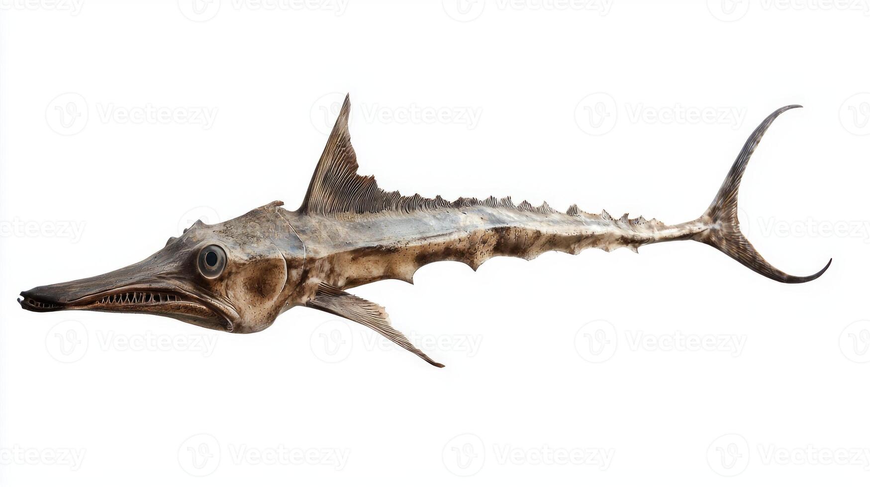 close up of a sawfish highlights its long flattened snout and sharp teeth against a white background emphasizing its unique features and structural traits. photo