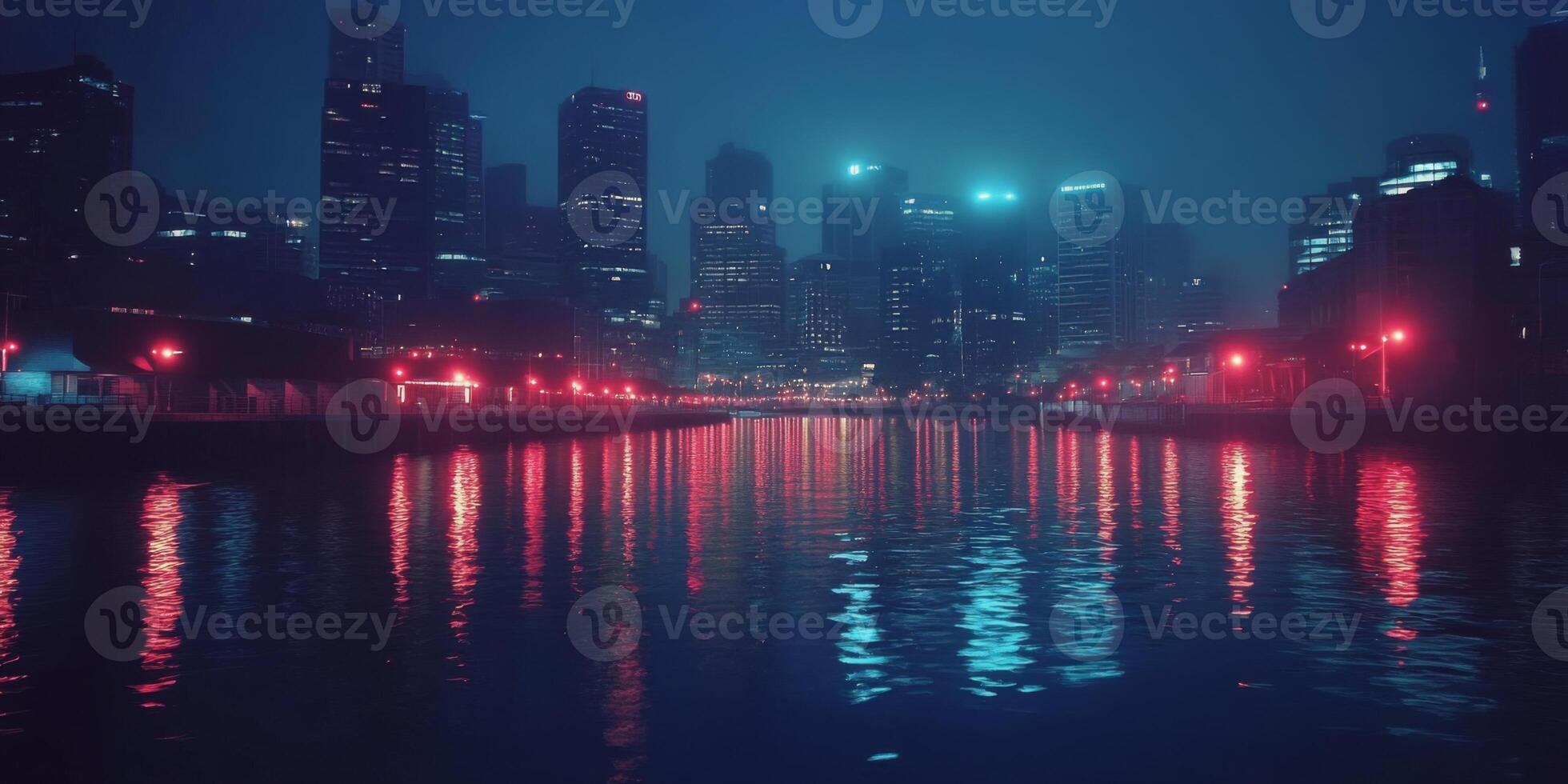 A riverfront view of a city skyline with towering buildings and glowing lights reflected in the water photo