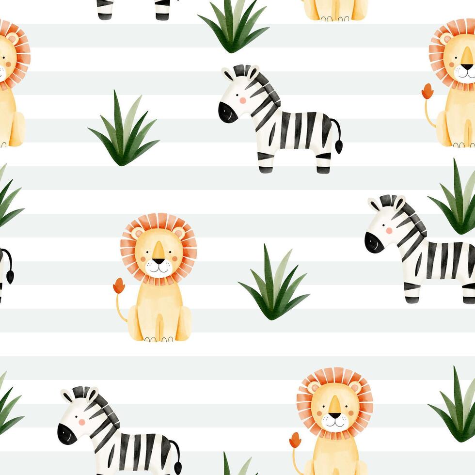 Childish jungle background with cute lion and zebra. Seamless pattern watercolor animals. Safari wallpaper. vector