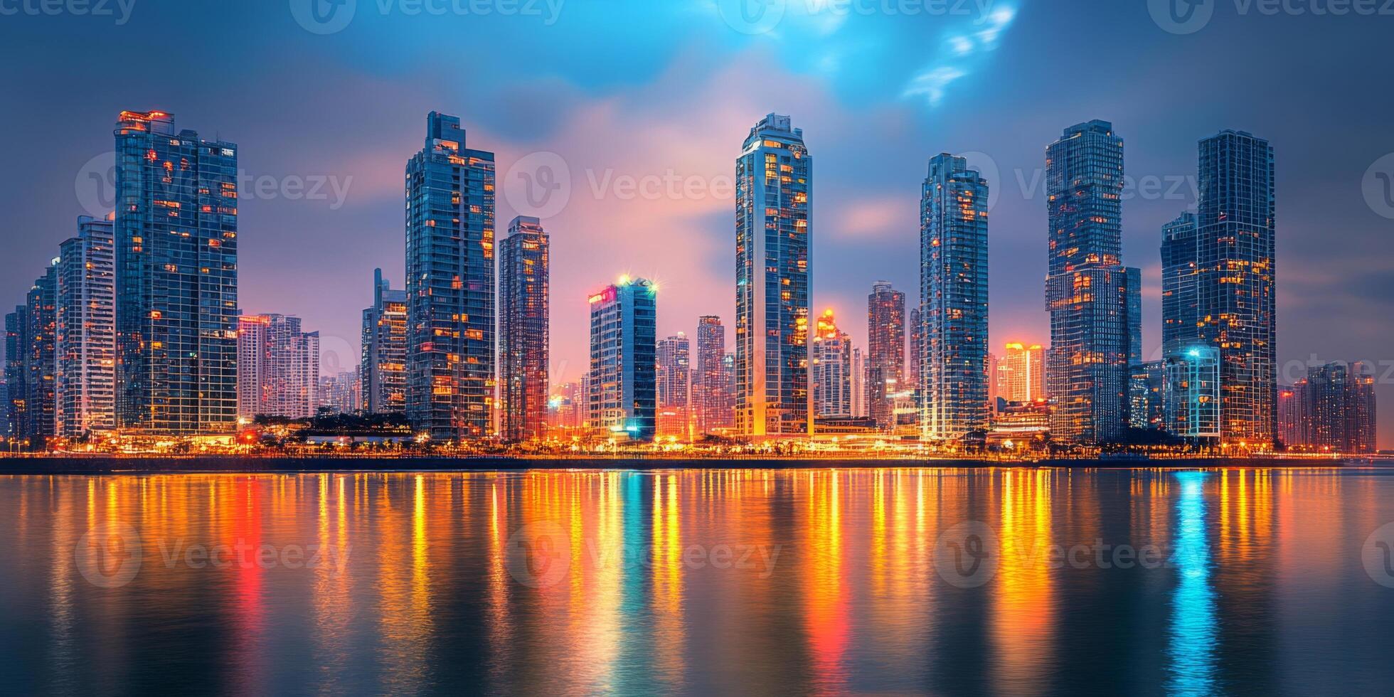 A riverfront view of a city skyline with towering buildings and glowing lights reflected in the water photo