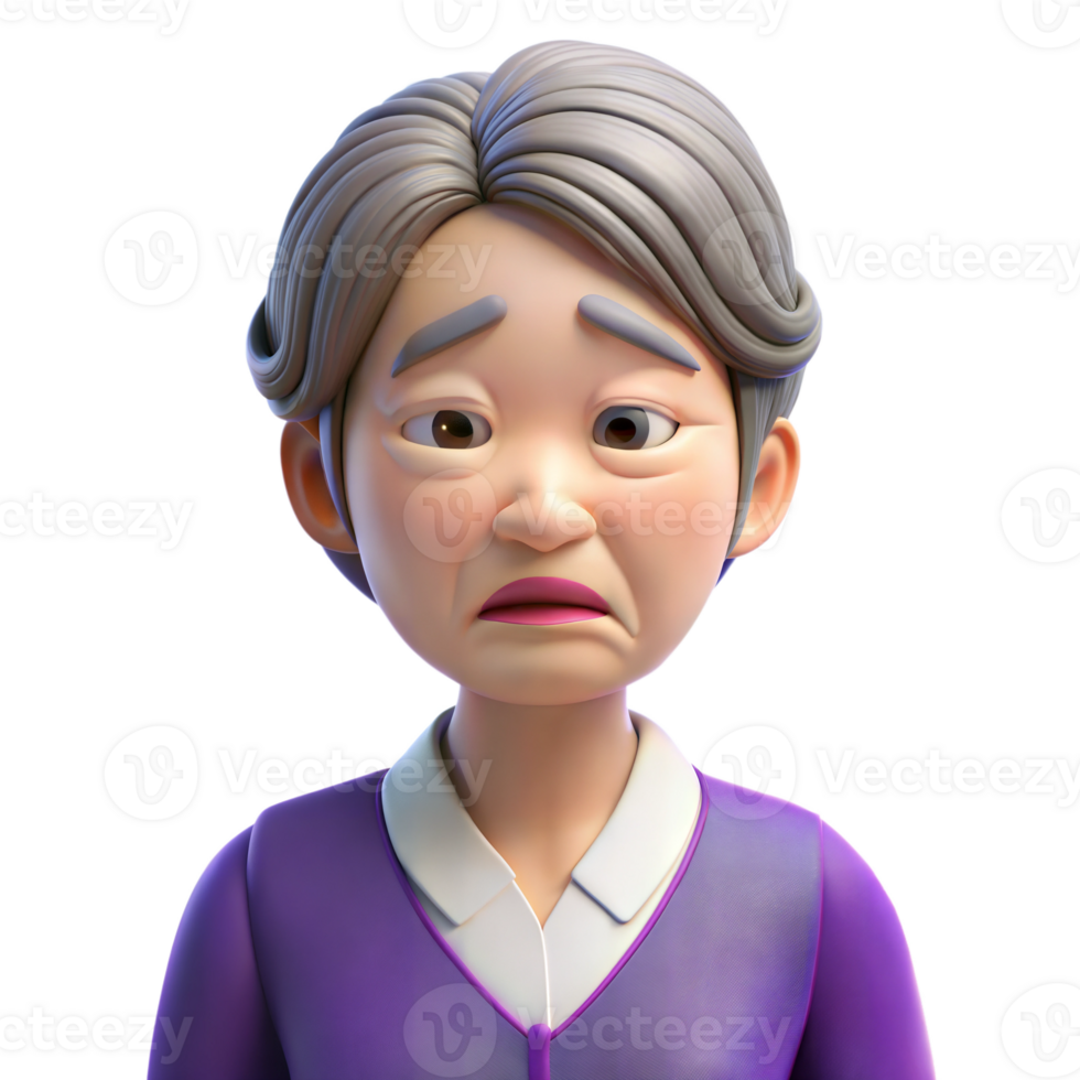 animado 3d mayor mujer con corto gris cabello, mirando triste, en transparente antecedentes png
