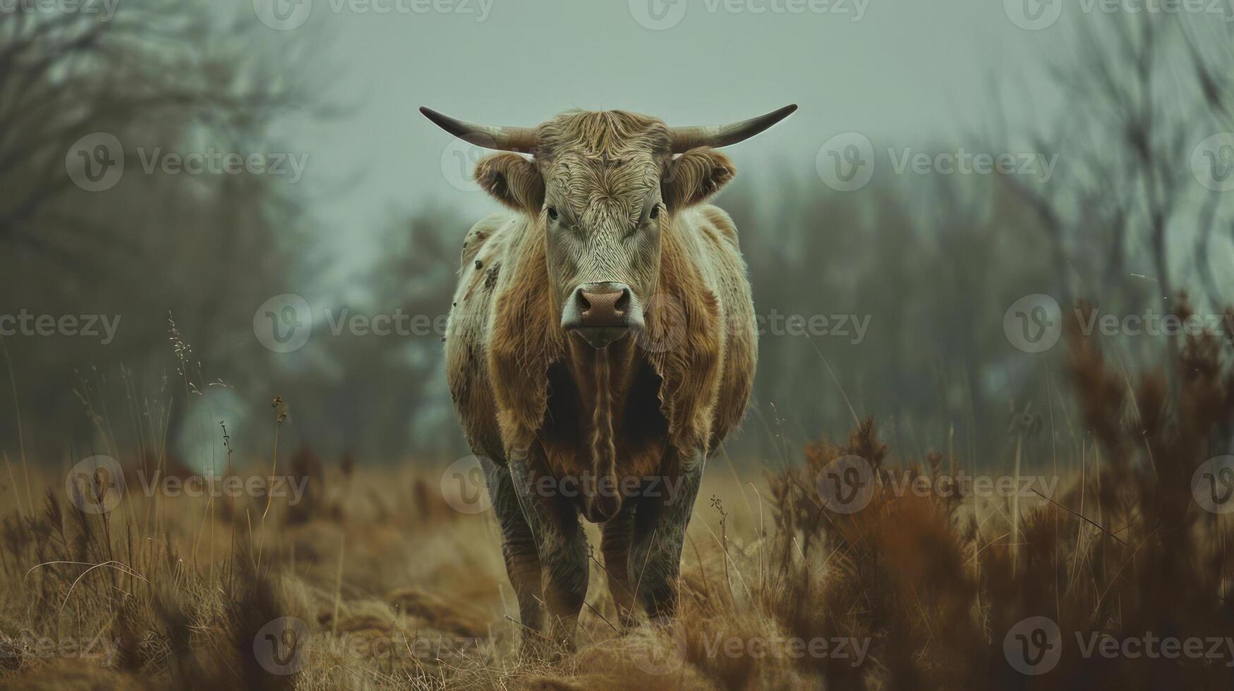 a cow standing in a field with trees in the background photo