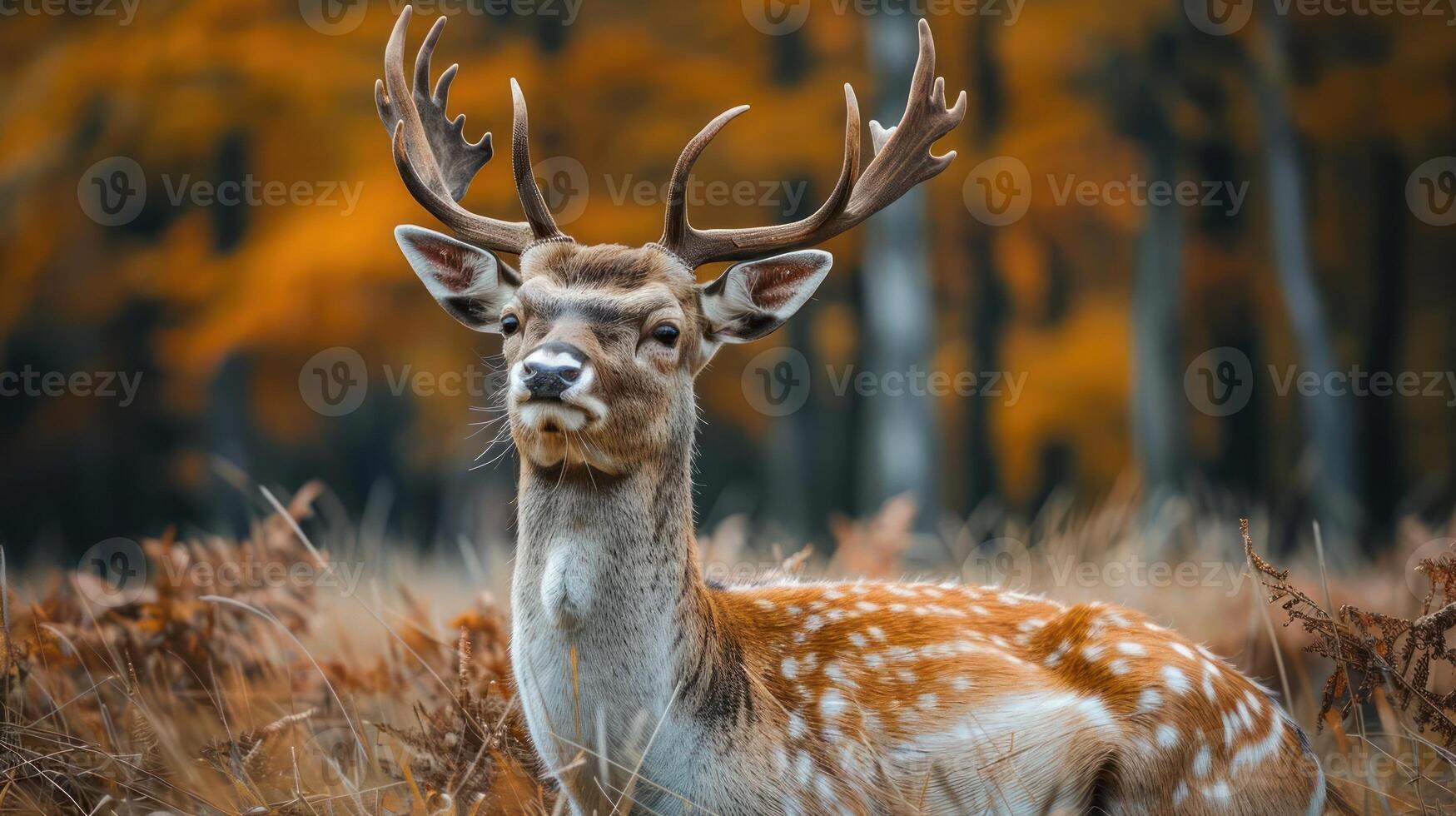 a close up of a deer in a field with trees in the background photo