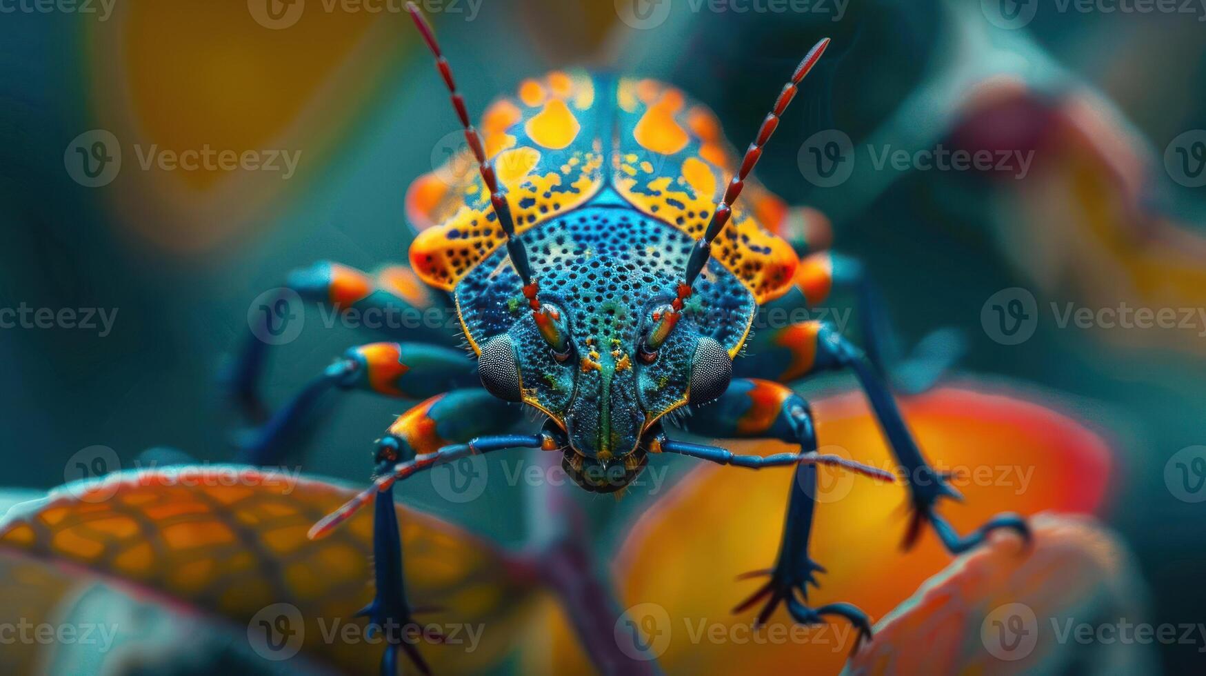 a close up of a colorful insect on a plant photo