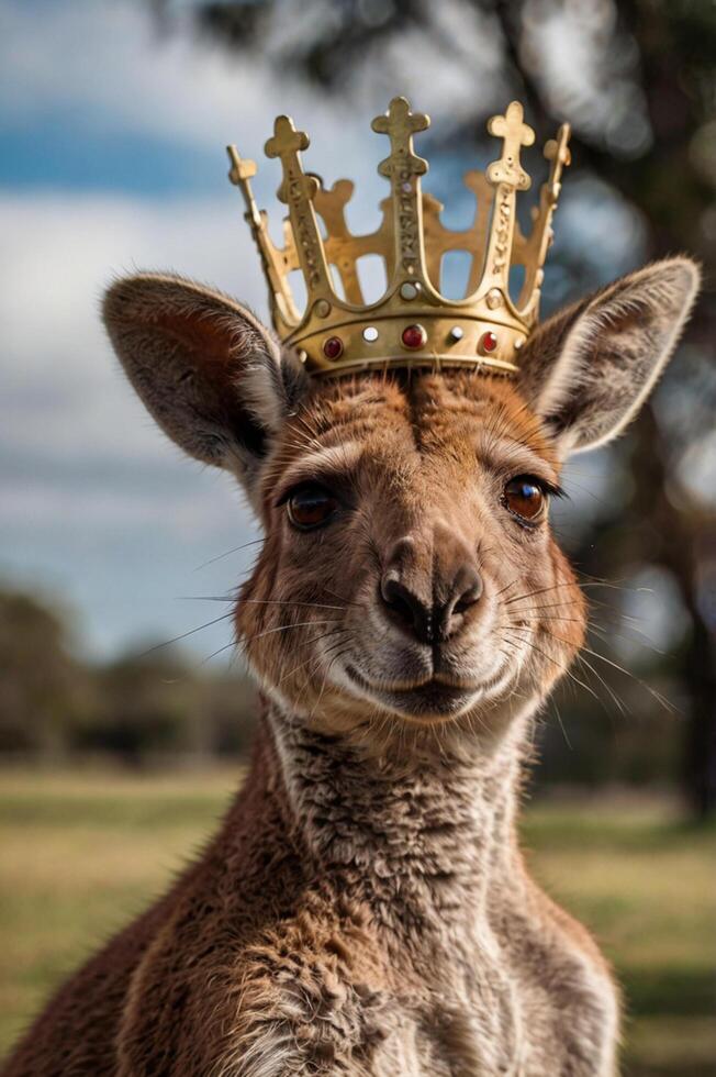 A crowned kangaroo poses proudly outdoors in a grassy field under a bright, cloudy sky during the afternoon light photo