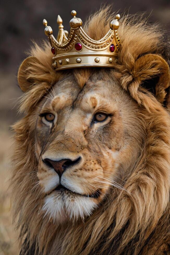 A majestic lion wearing a golden crown, symbolizing royalty in its natural habitat during a sunny day in the wild photo