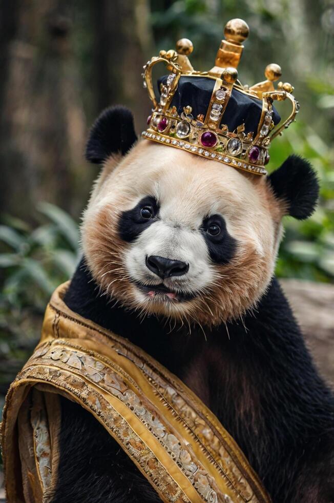 A crowned panda wearing a regal robe lounges in a lush forest environment, showcasing an amusing yet majestic presence photo