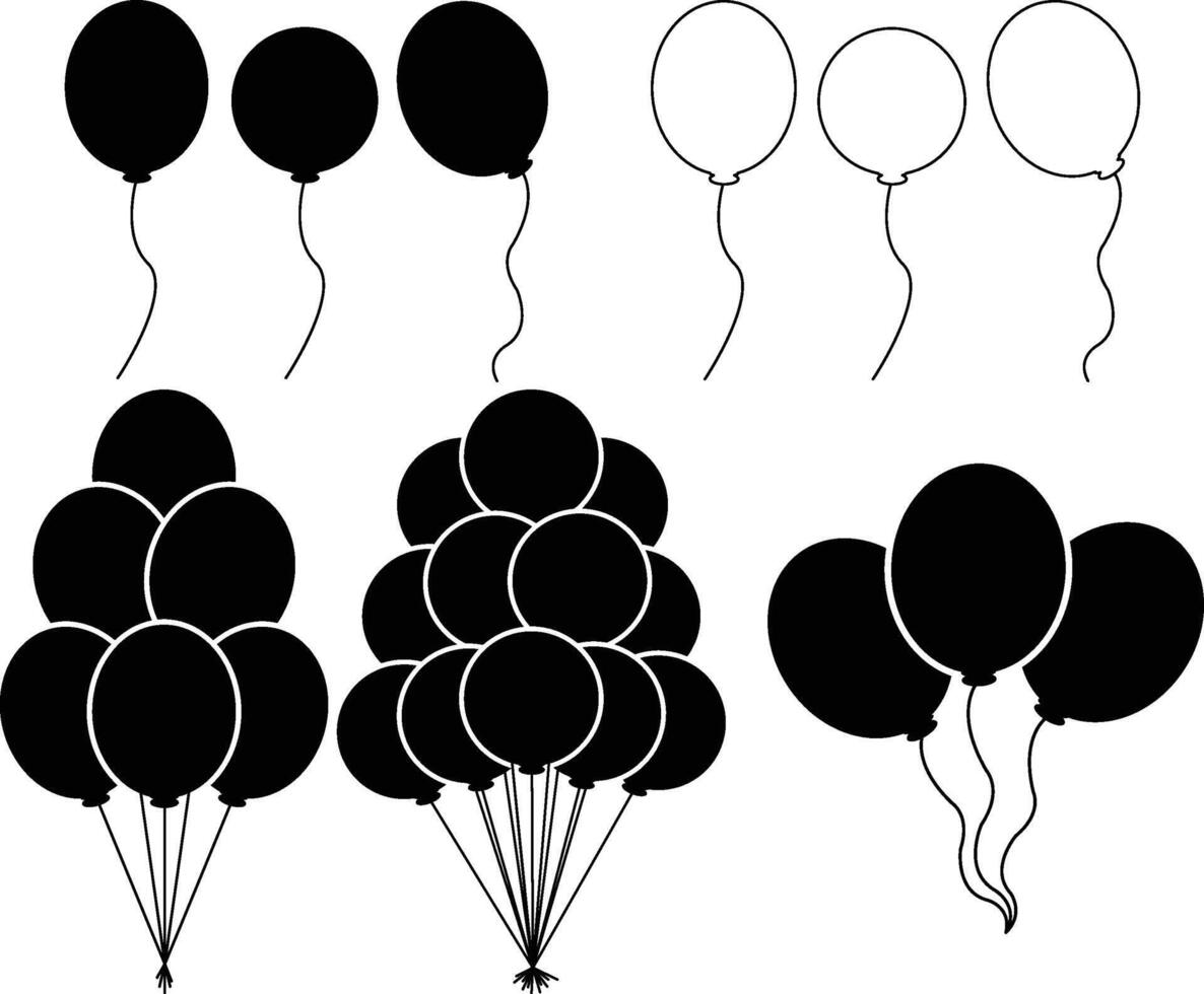 Outline and Solid Balloons with Round and Oval Shapes with Curved and Straight Strings on White Background vector